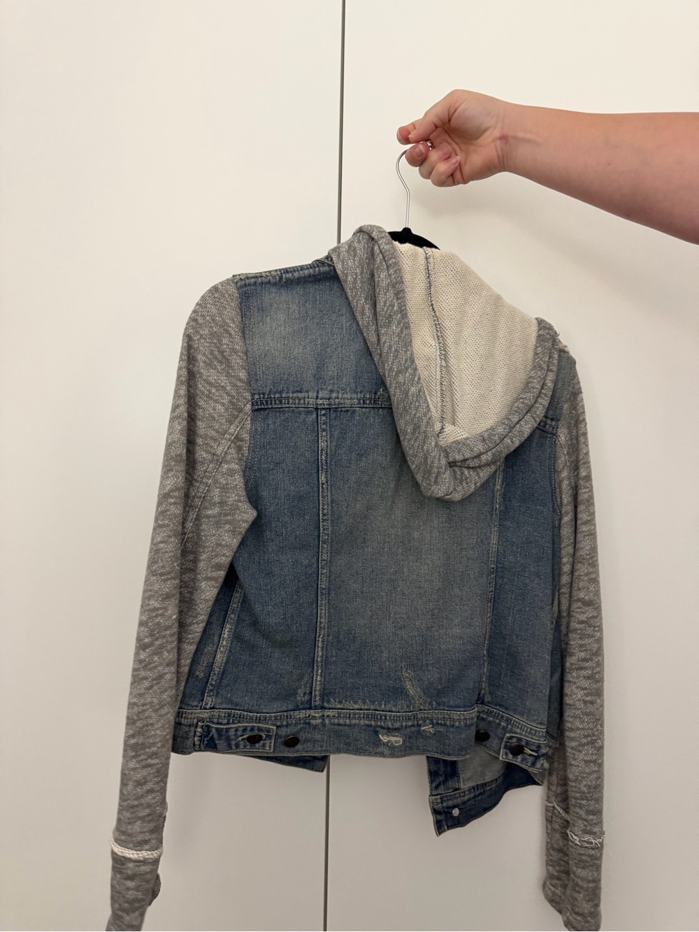 Free People Blue Denim Trucker Jacket with Gray Knit Hoodie Sleeves - Picture 2 of 3